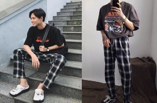 style Hàn Quốc nam với quần caro và áo thun