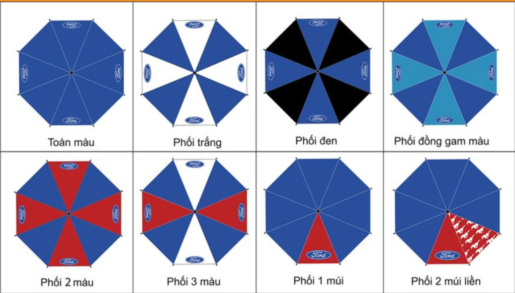Phối màu dù in logo hài hòa giữa sắc thương hiệu và nền dù tạo điểm nhấn thị giác hiệu quả