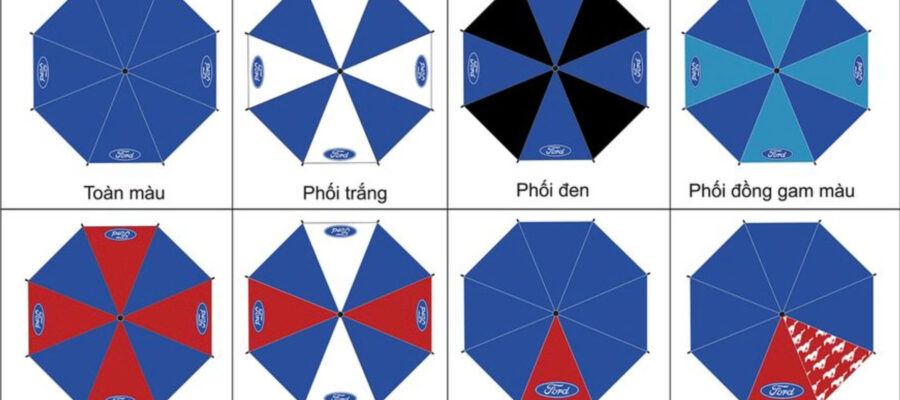 Phối màu dù in logo hài hòa giữa sắc thương hiệu và nền dù tạo điểm nhấn thị giác hiệu quả